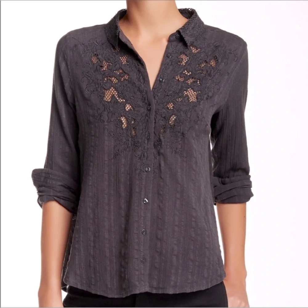 Free People Carter Dobby Dark Gray Embroidered Button Down Shirt, Medium